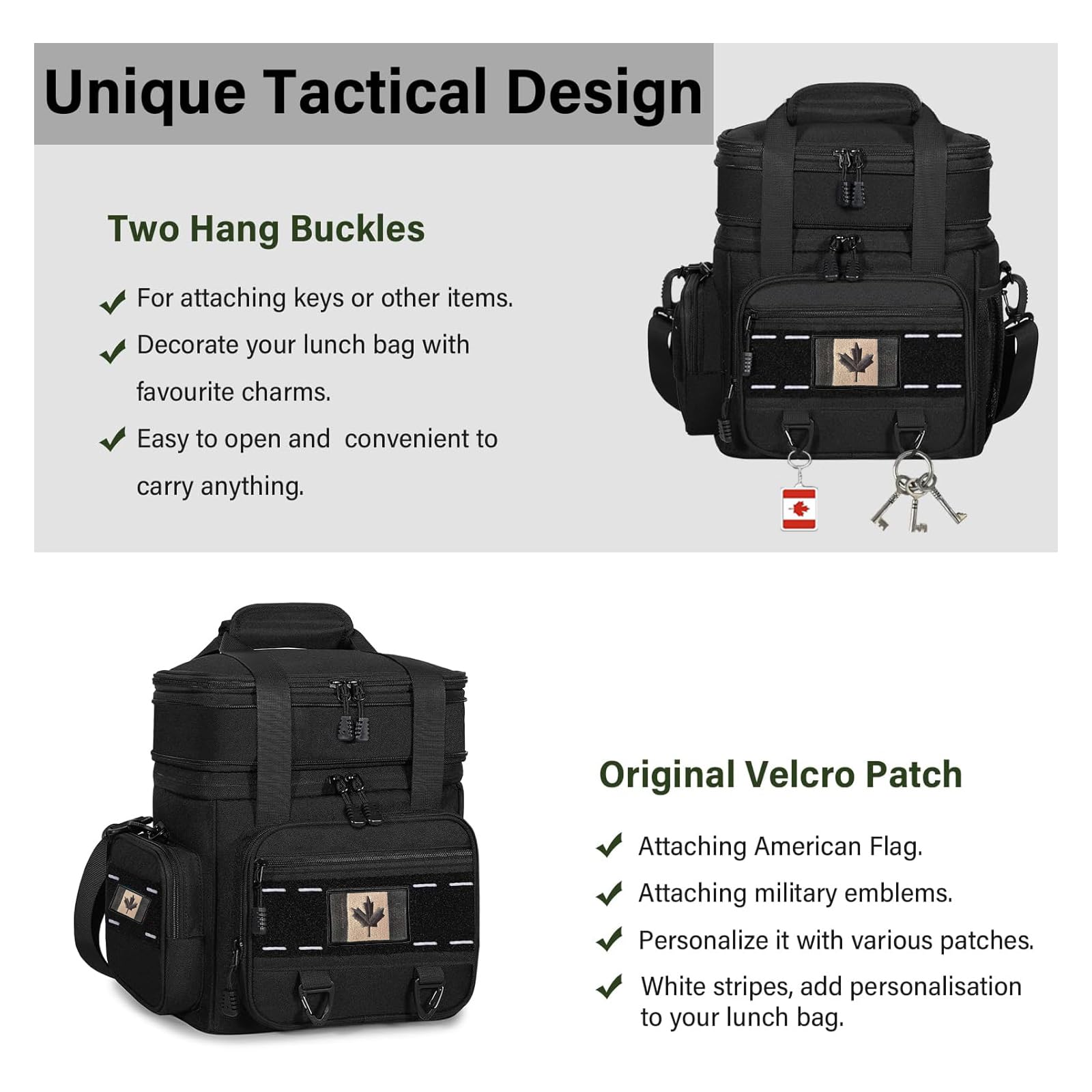 Expandable Tactical Lunch Box, Large Insulated Lunch Cooler Bag Heavy Duty Leakproof Lunch Pail for Men Adults Work Office Outdoor Picnic Trips,16L,Black