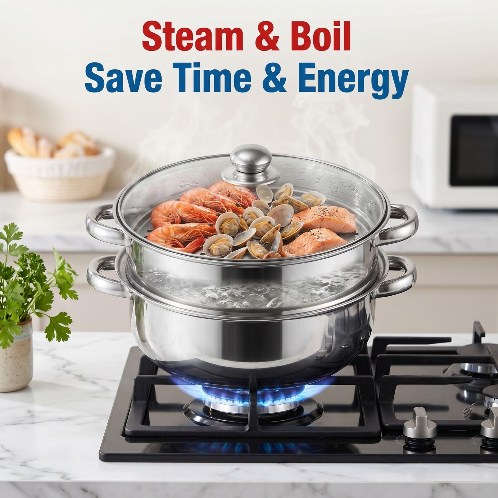 ZENFUN Steamer Pot With Lid 2 Tier, Multipurpose Stainless Steel Steaming Pot, Steam Pots With Handle For Vegetable, Dumpling, Food, 11 Inch（Thickened）