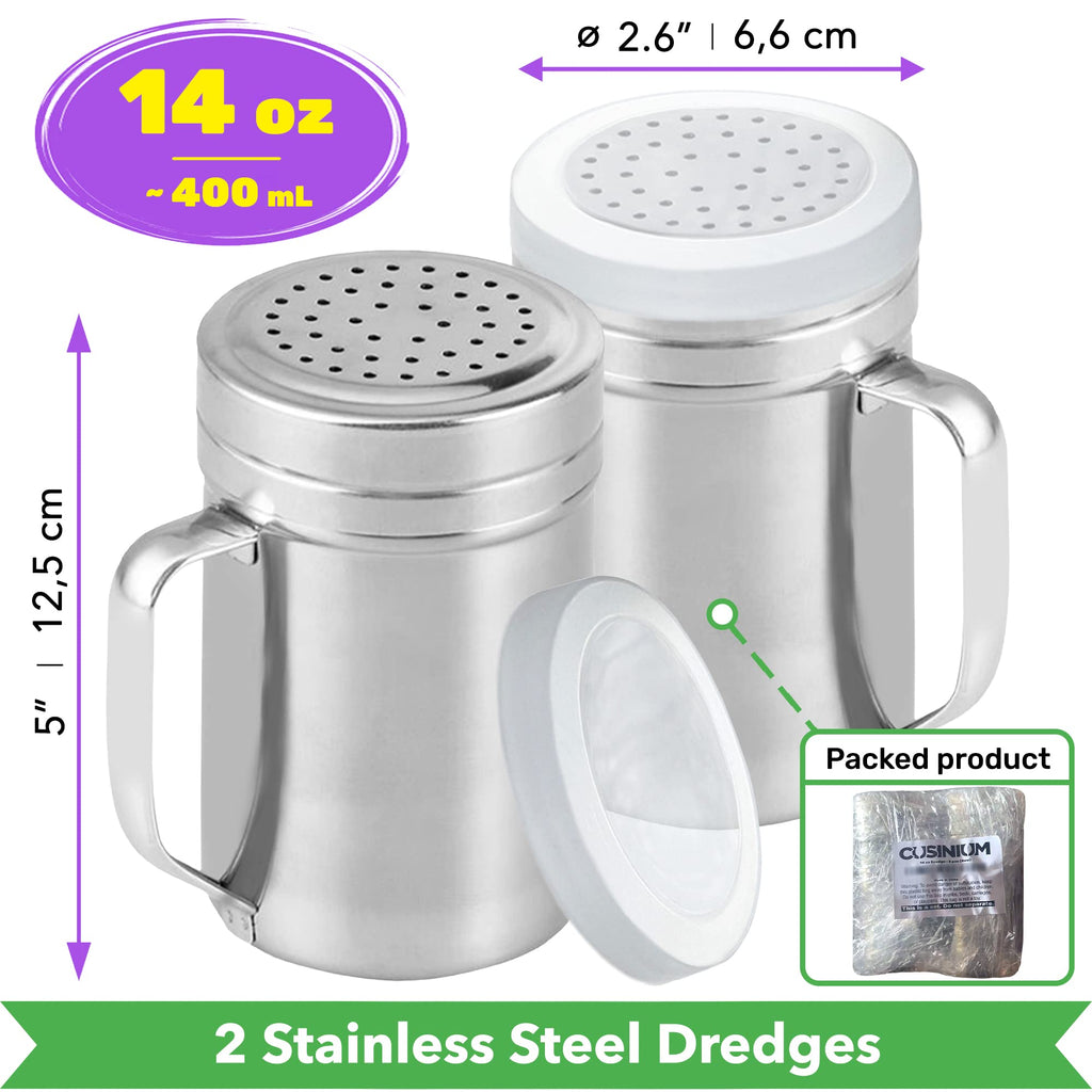 CUSINIUM Large Metal Salt Pepper Dredge Shakers - with Handle - Seasonings Spice Shakers with Holes and Lids - 14 Ounce, 2pcs | Style: Medium