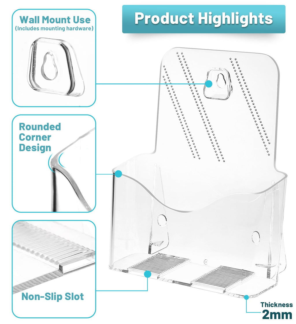 Acrylic Brochure Holder 8.5 x 5.5 Inches, 4-Pack Clear Plastic Display Stand for Half-Fold Flyers, Pamphlets, Menus, Trifold Literature, Wall Mount or Countertop Use