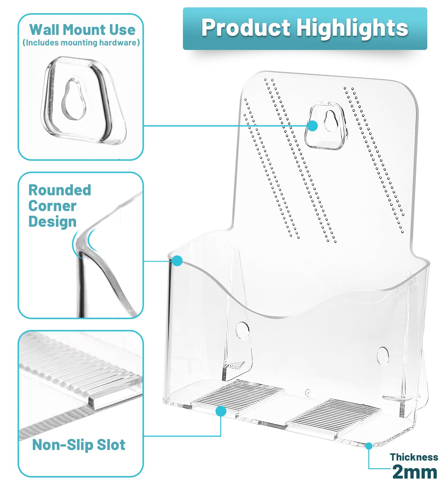 Acrylic Brochure Holder 8.5 x 5.5 Inches, 4-Pack Clear Plastic Display Stand for Half-Fold Flyers, Pamphlets, Menus, Trifold Literature, Wall Mount or Countertop Use