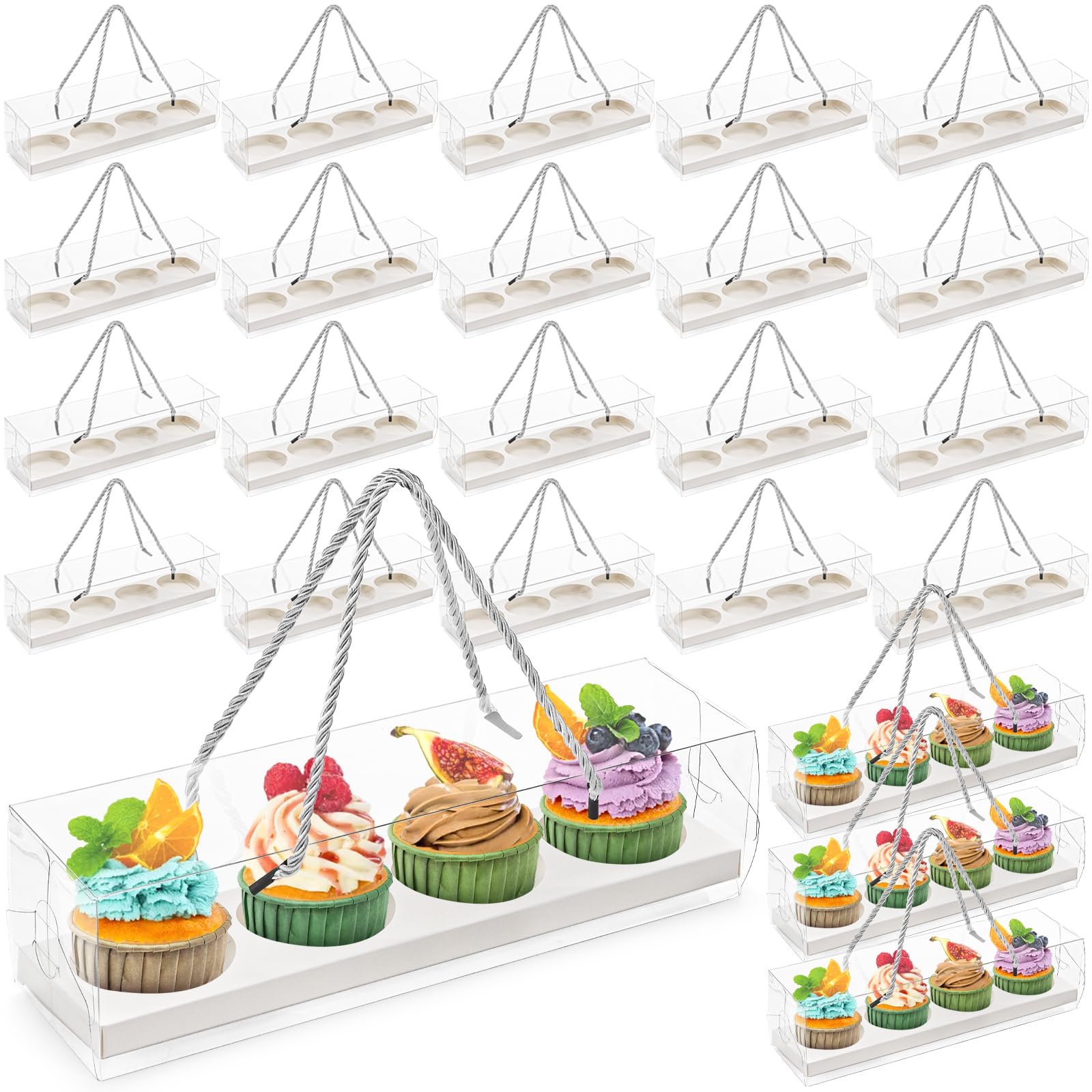 Coloch 24 Pack Clear Cupcake Box with Handle, 4 Count Plastic Cupcake Container 12x3x3 In with Baked Dessert Box for Cupcake, Dessert, Muffins, Party, Wedding, Teachers' Day, Valentine's Day