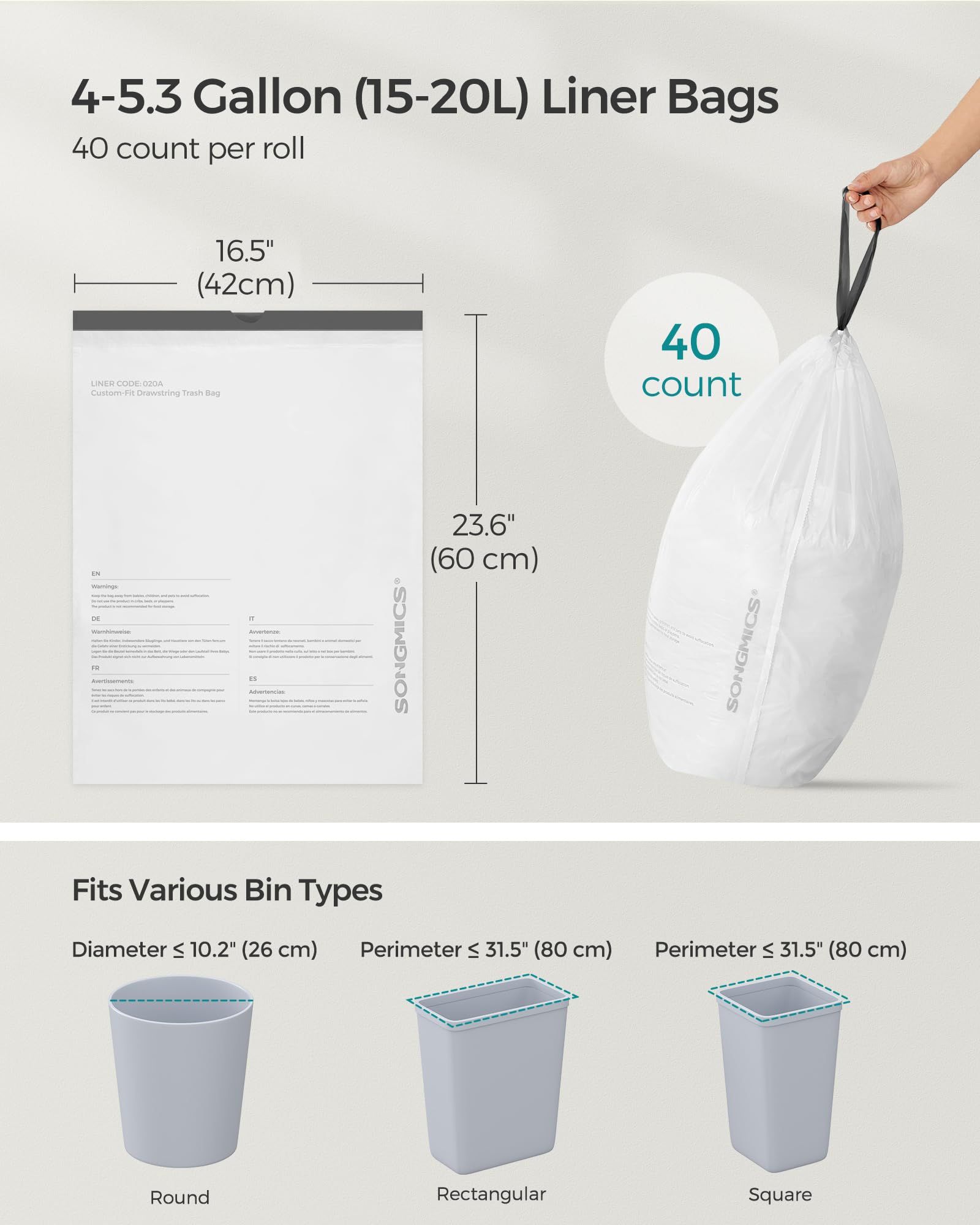 SONGMICS Trash Bags for 4-5.3 Gallon (15-20 L) Trash Cans, Drawstring Kitchen Garbage Bags, Pre-Separated, Liner Code 020A01, 2 Rolls, 80 Count, White UKRB020A02