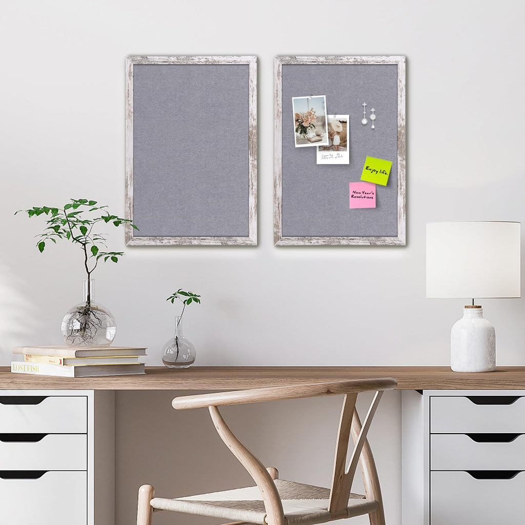Aitakatta Gray Felt Cork Board Bulletin Board, Decorative Hanging Cork Boards for Walls with White Rustic Wood Frame, Pin Board Vision Board for Office Home and School with Pins, Screws (4060,WH,1pc)