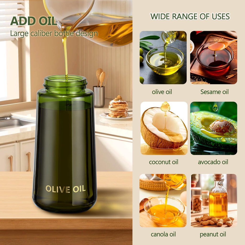 hoforife Glass Olive Oil Sprayer for Cooking, Oil Mister Continuous Cooking Spray with Portion Control for Kitchen 225ml/7.6 oz (Olive Green Bottle)