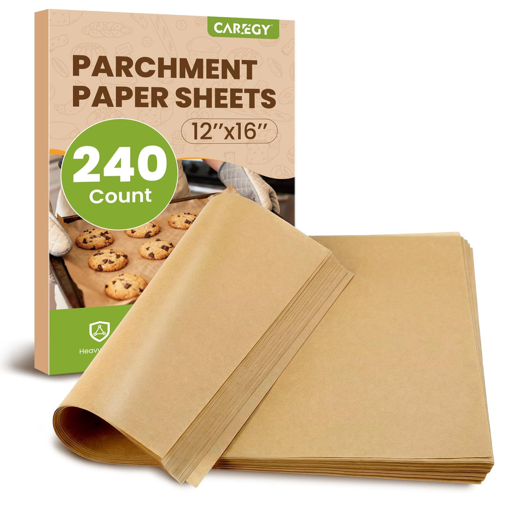CAREGY 240Pcs Unbleached Parchment Paper Sheets, 12 x 16 Inch,Precut Non-Stick Parchment Paper for Baking,Cooking, Grilling, Air Fryer and Steaming,Fit for Half Sheet Pans