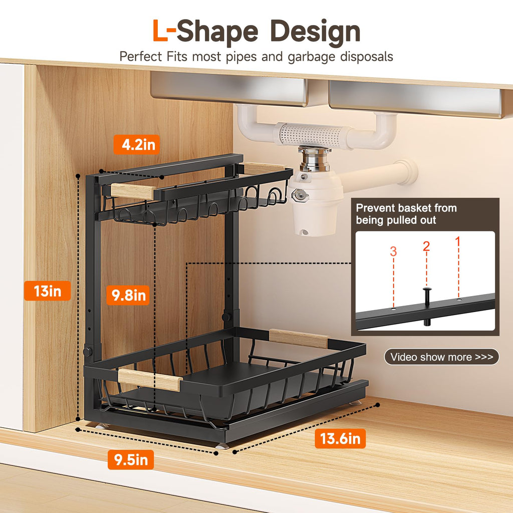 Sevenblue 2 Pack Under Sink Organizer, Height Adjustable 2 Tier Under Sink Organizer Kitchen, Multi-Purpose Storage Shelf for Kitchen Bathroom Cabinet (Black, Large)