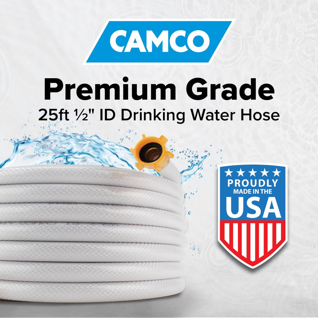 Camco TastePURE 25-Ft - RV Drinking Water Hose - Contains No Lead, No BPA & No Phthalate - Features Reinforced Design & Crafted of PVC - 1/2” Inside Diameter, Made in The USA (22735)