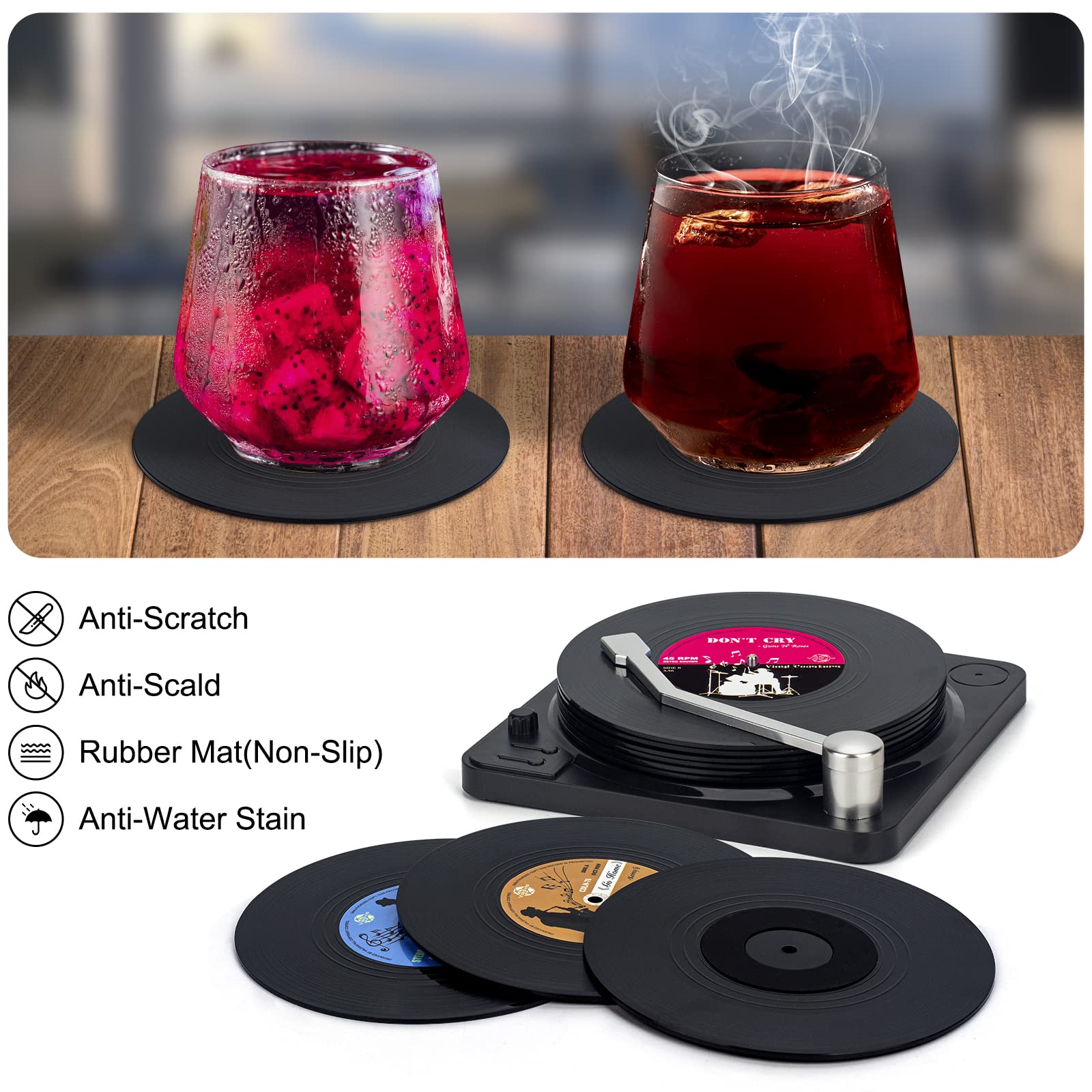 Valdivia Funny Retro Vinyl Record Coasters with Player, 6 Pcs Music Coasters for Drinks, Bars, Cafes, Office, Birthday Gifts for Music Lovers, Home Decor Housewarming and White Elephant Gifts Ideas