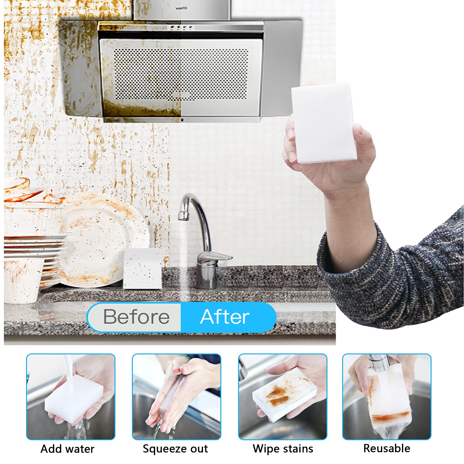 100 Pack Magic Sponges Eraser for Cleaning, Reusable Melamine Sponge Scrubber Foam Cleaning Pads for Kitchen Dishes, Bathtub, Baseboard, Shoes Cleaner, Durable & Not Easily Rip