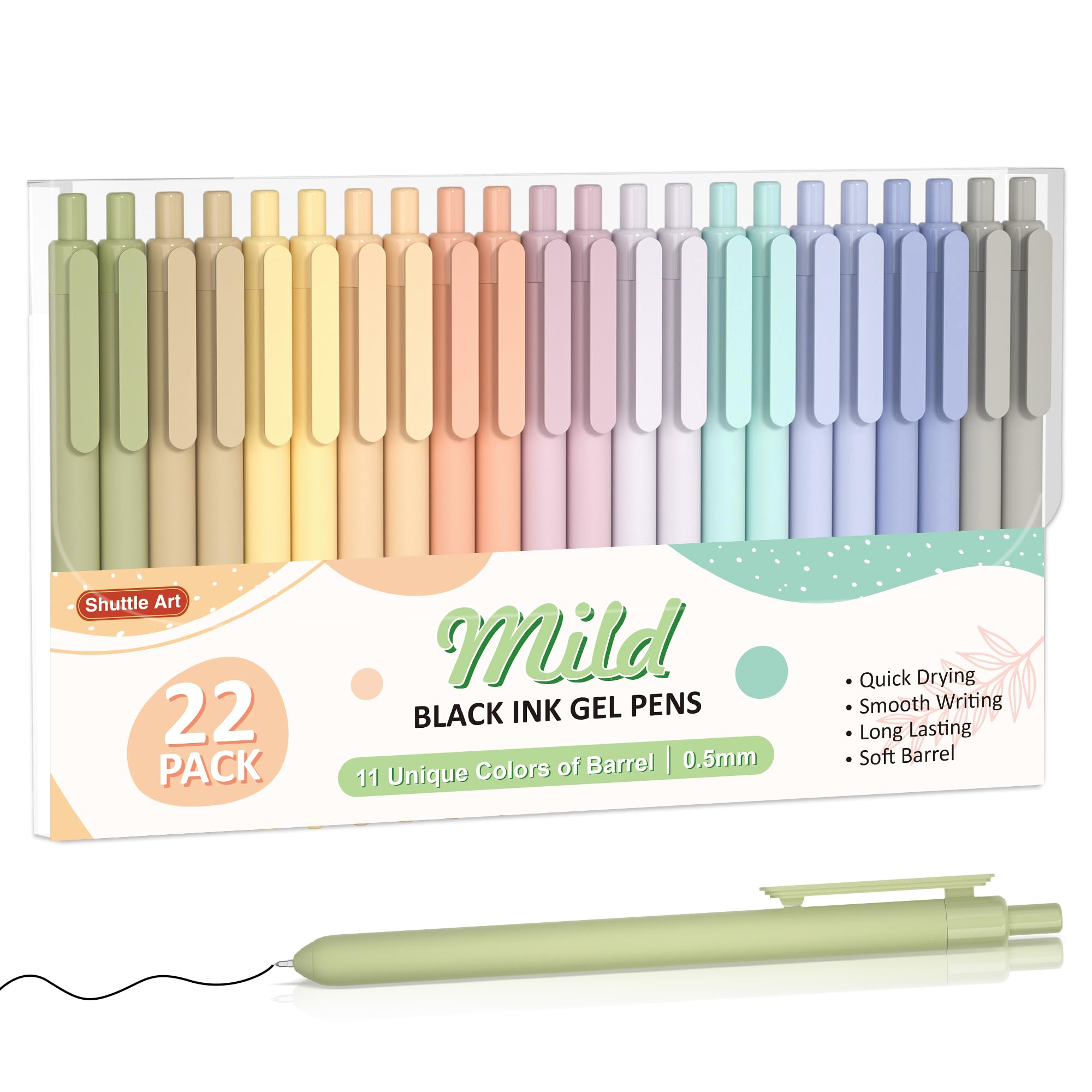 Shuttle Art Retractable Mild Gel Ink Pens, 22 Pack Black Ink Pens, Cute Pens 0.5mm Fine Point Soft Barrel for Writing Journaling Taking Notes School Office Home