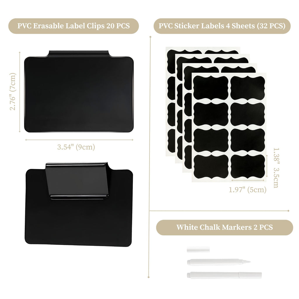 DECOMOMO Labels for Storage Bins – 20 Clip on Chalkboard Labels & 32 Removable Sticker Labels with White Chalk Marker