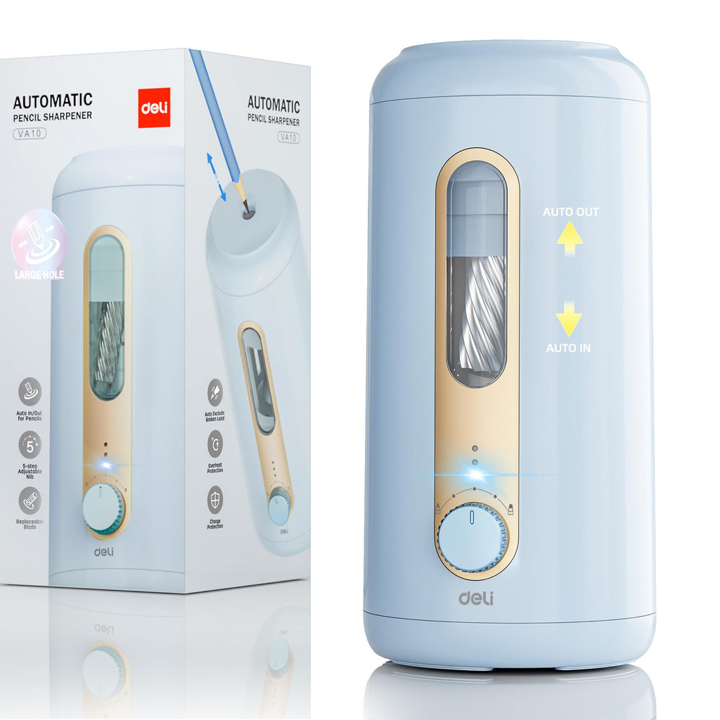 Deli Electric Pencil Sharpener, Fully Automatic Pencil Sharpener, Auto in & Out, Rechargeable Hands-Free Pencil Sharpener for 6.9-12mm, Home, Classroom, Battery Operated, Blue