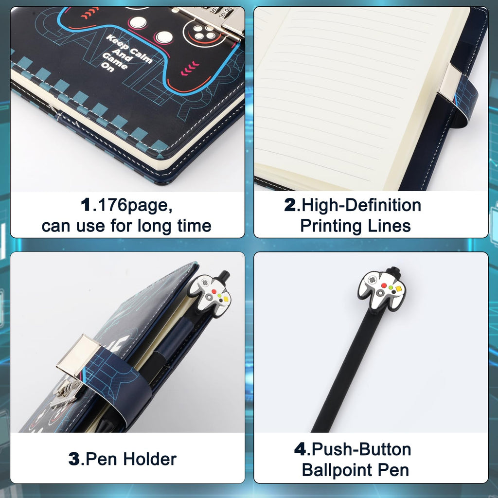 Diary with Lock for Boys Ages 8-12, Game Journal with Lock, Video Game Diary with Pen for Teen Boys 10-18, Gaming Notebook Birthday Gifts Back to School Gift Easter Gift for 10 11 12 14 15 16 Teenages