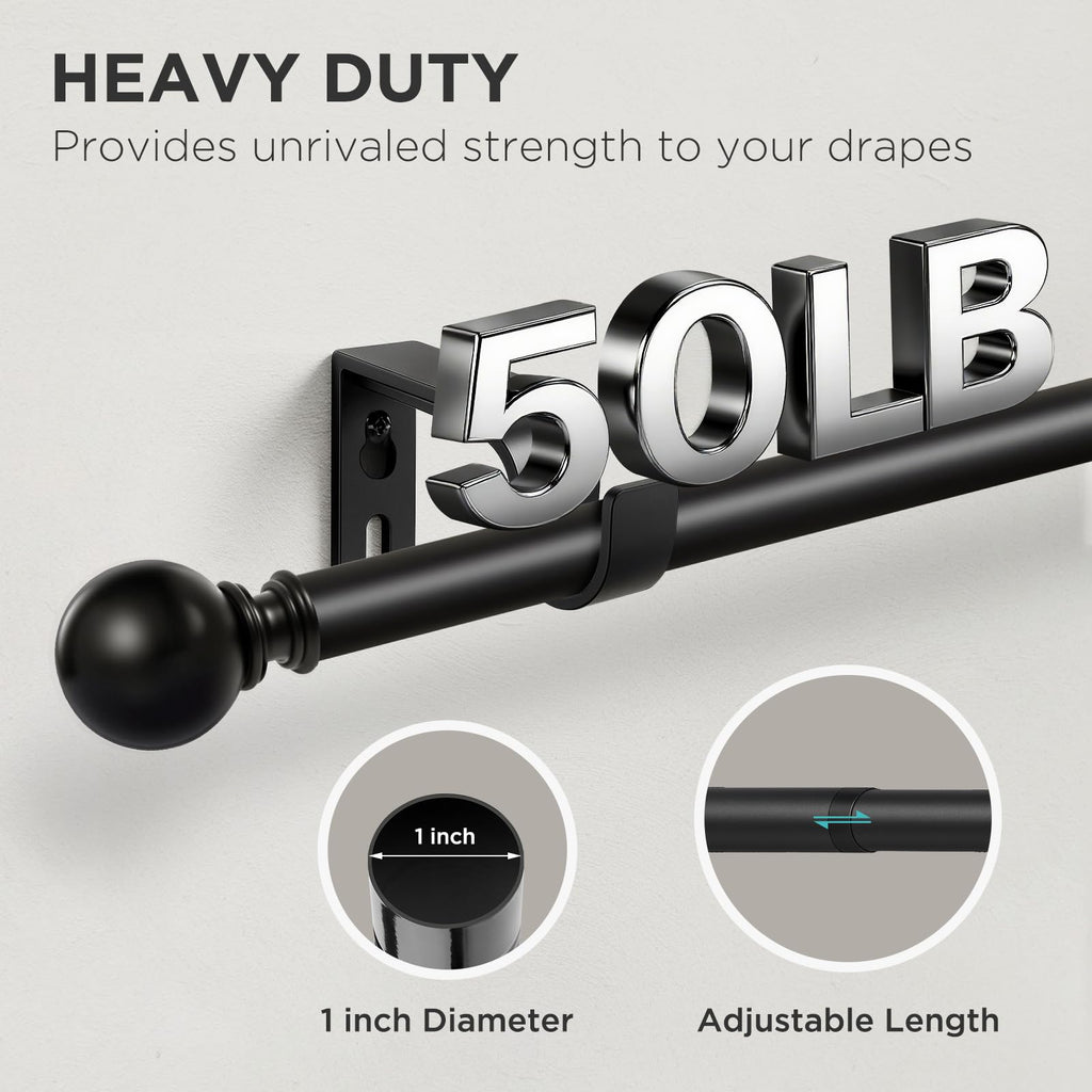 Joydeco Curtain Rod 32 to 88 Inch, 1 Inch Heavy Duty Adjustable Black Drapery Rod with Brackets, Easy Install for Living Room, Bedroom & Kitchen