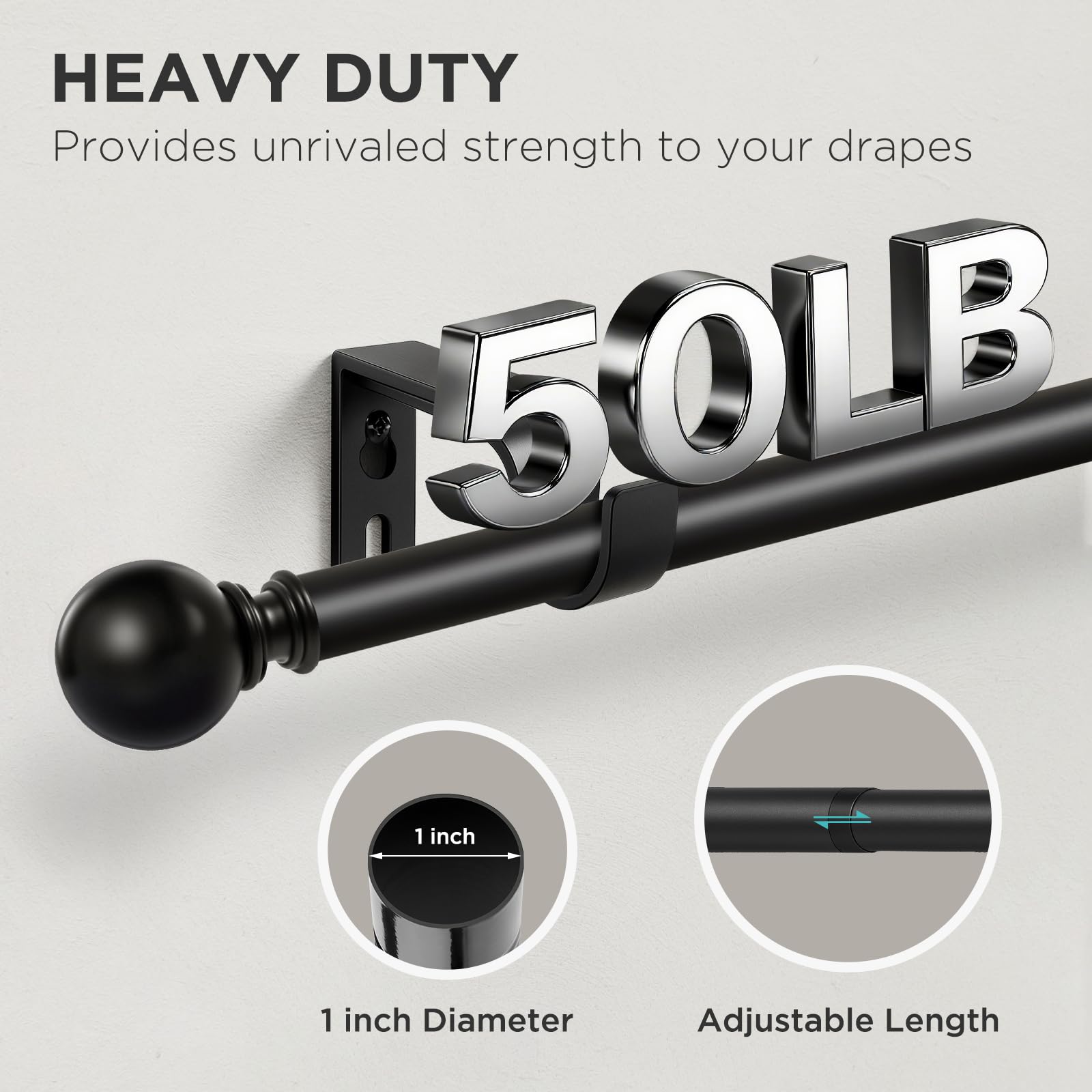Joydeco Curtain Rod 32 to 88 Inch, 1 Inch Heavy Duty Adjustable Black Drapery Rod with Brackets, Easy Install for Living Room, Bedroom & Kitchen