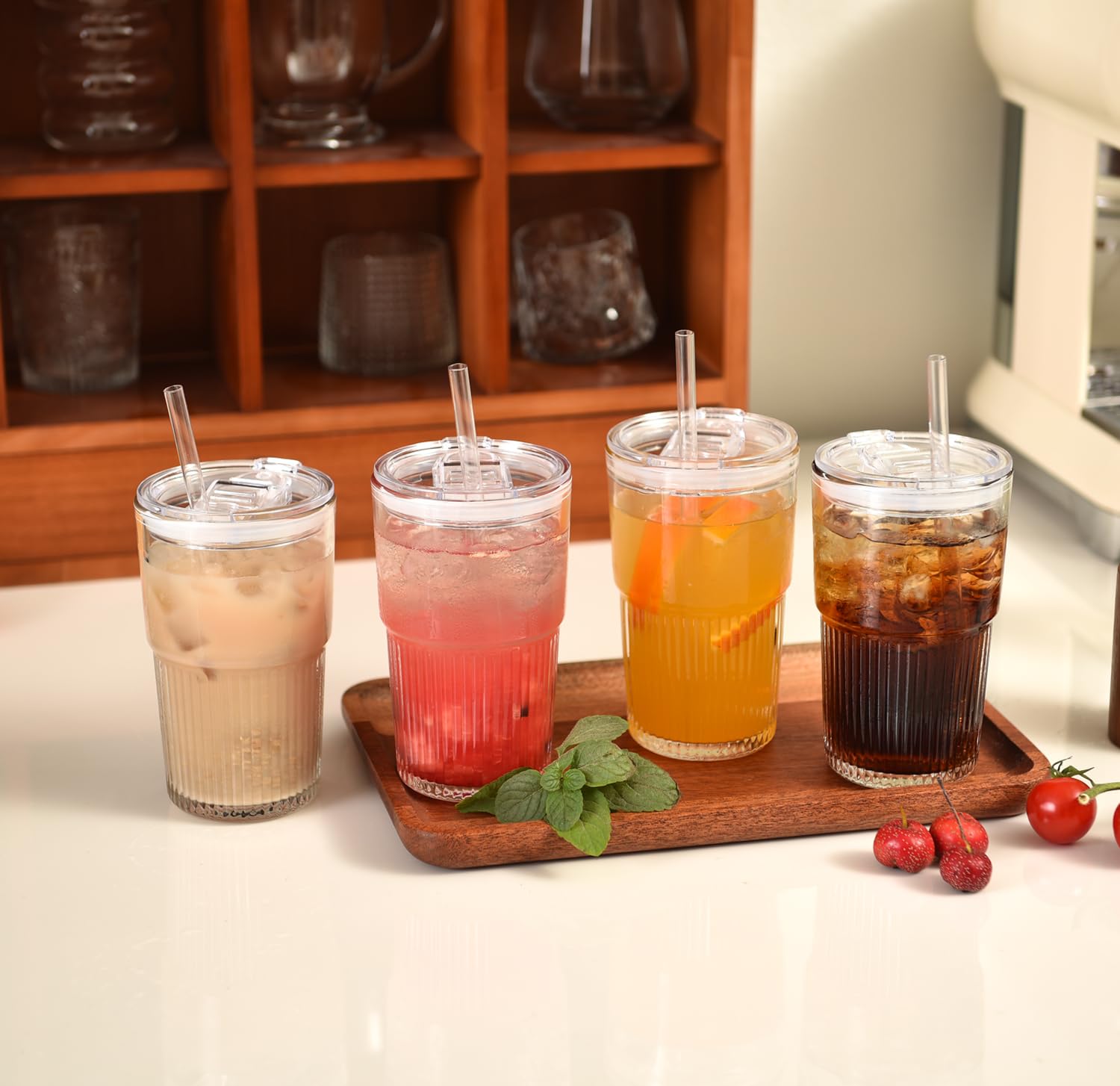 ALINK 4 Pack 16 oz Ribbed Glass Tumblers with Lids and Straws Glassware Cups Set, Thickened Glass, Ideal for Iced Coffee, Smoothies, Cocktails,Juices