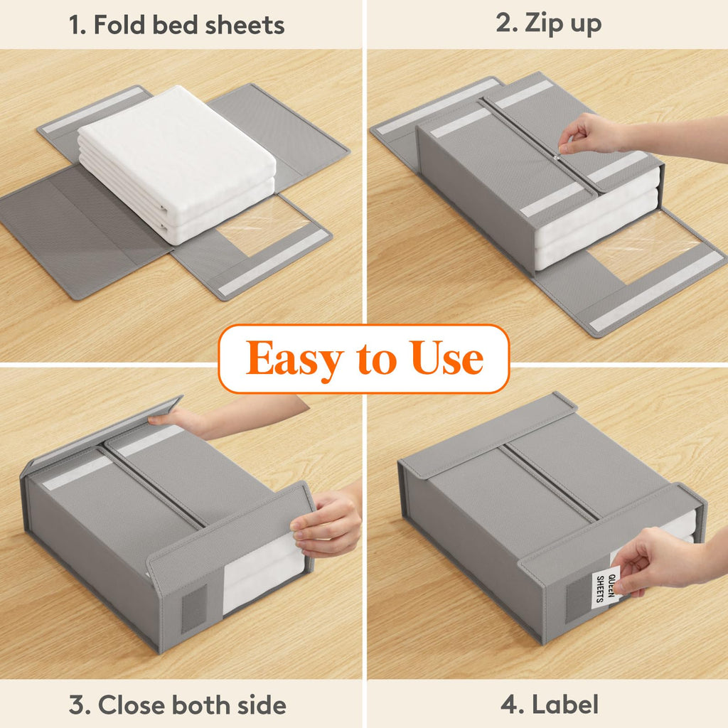 Lifewit 4 Pack Bedding Organizer, Foldable Storage Box Bins, Fabric Closet Organizer, Bed Sheets Storage and Organizers with Lids, Large Clear Window and Label, for Duvet Cover Set, Blankets, Clothes
