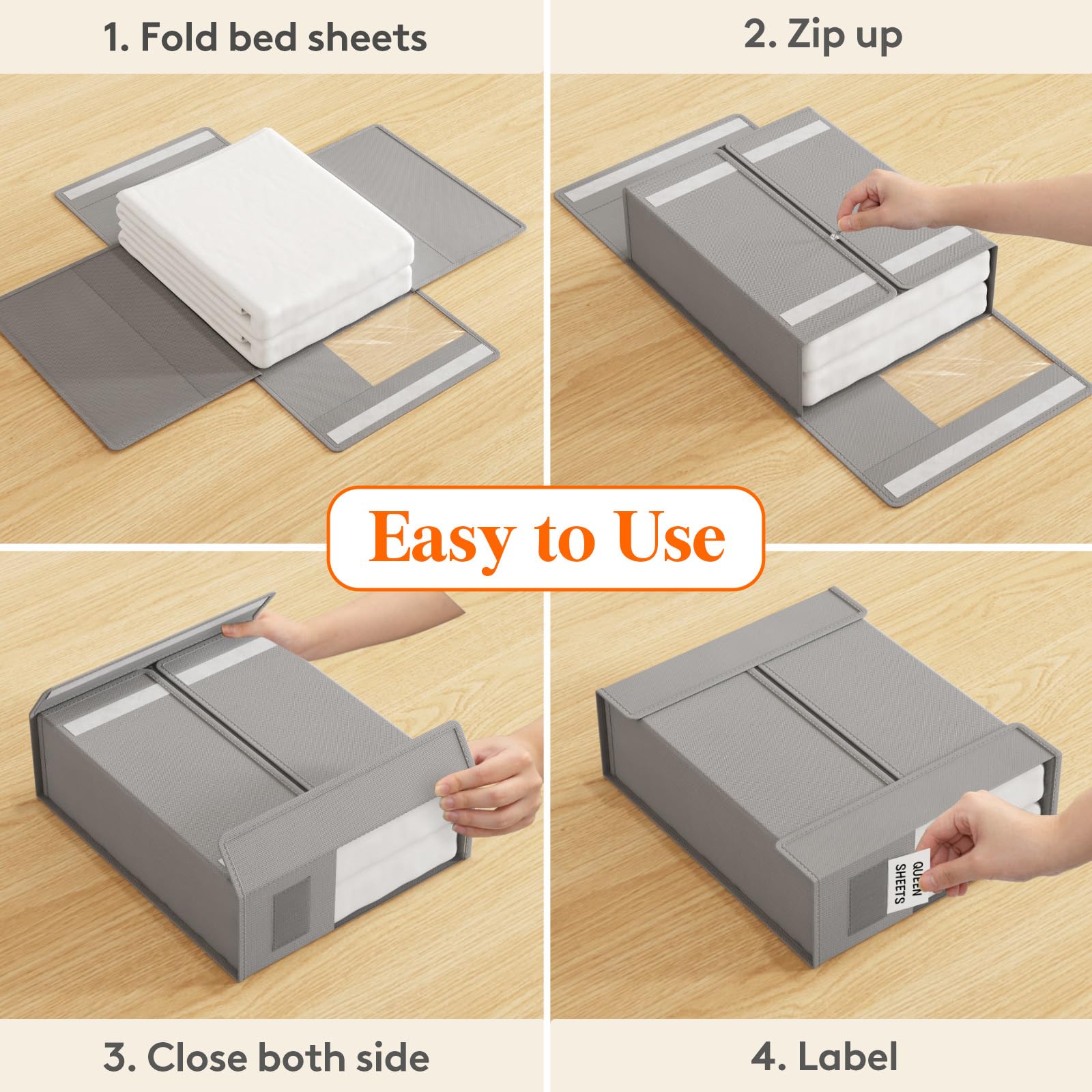 Lifewit 4 Pack Bedding Organizer, Foldable Storage Box Bins, Fabric Closet Organizer, Bed Sheets Storage and Organizers with Lids, Large Clear Window and Label, for Duvet Cover Set, Blankets, Clothes