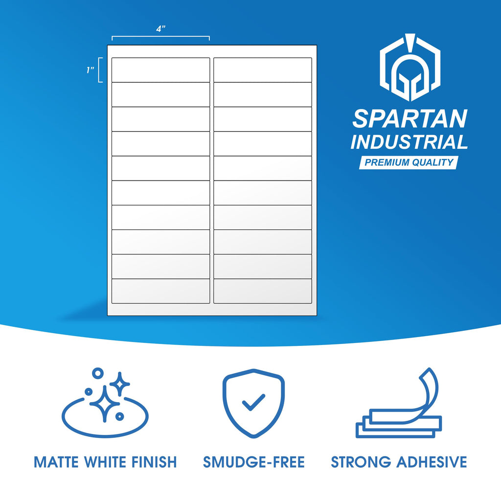 4" X 1" Matte White Printable Labels Compatible with Inkjet and Laser Printers - 100 Sheets, 2000 Total Paper Stickers for Addresses, Mailing, and Barcodes - Spartan Industrial Template R017