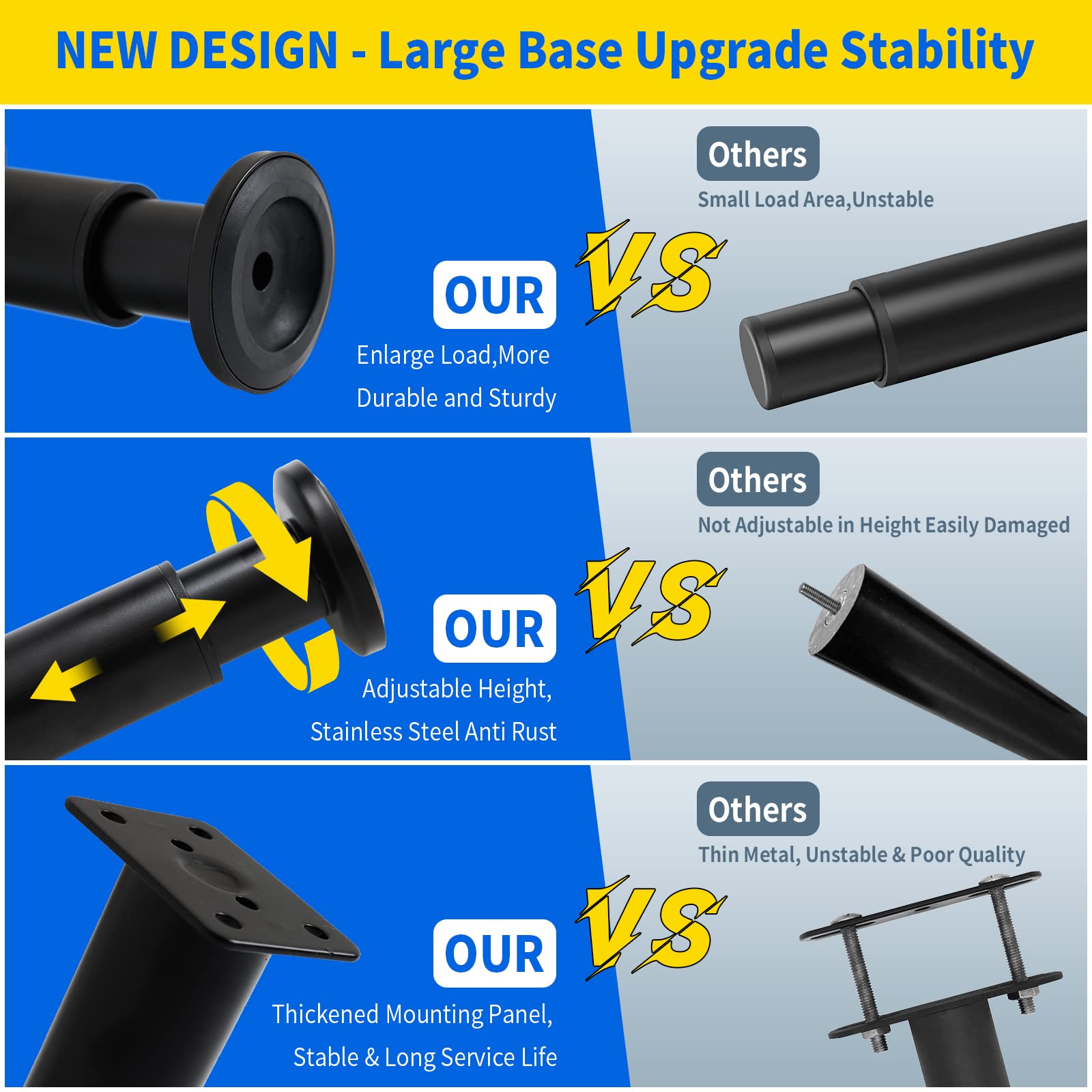 Olldag 4 Pcs Adjustable Height Furniture Support Legs [with Screws] 3.15-4.72 inch, Metal Heavy Duty Furniture Replacement Legs for Chair/Bed/Sofa/Cabinet/Couch/Dresser/Bed/Table (Black)
