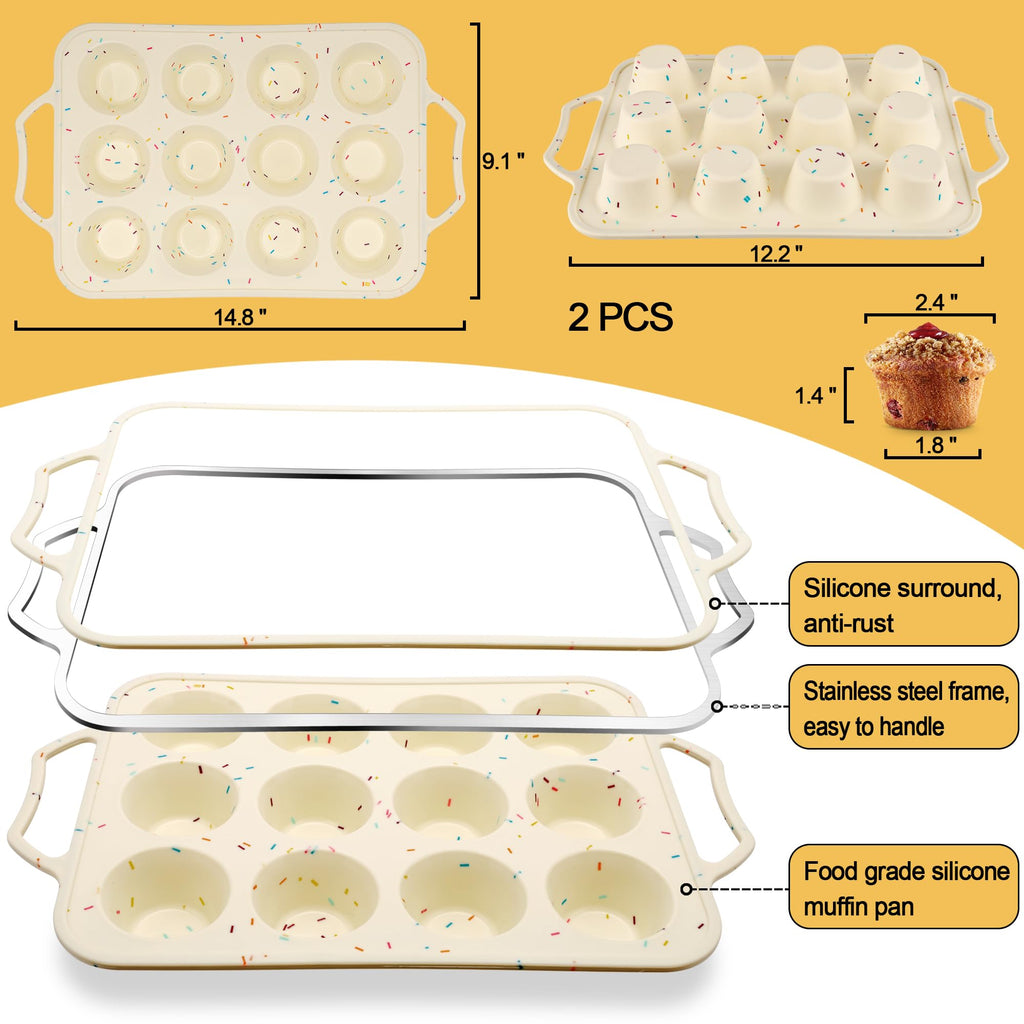 2 Pack Silicone Muffin Pans for Baking with Metal Reinforced Frame, Cupcake Pans Nonstick 12 Regular Size Cups, BPA Free Muffin Tin for Egg Bites Cake, Easy Pop Out & Dishwasher/Microwave/Freezer Safe