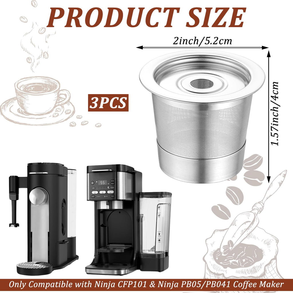 3 Pack Reusable K Cups and Coffee Pods for Ninja Coffee Maker PB051 & CFP101/PB041, 304 Stainless Steel Reusable K Pod Permanent K Cups Filters Compatible with Ninja Coffee Maker,Coffee Accessories