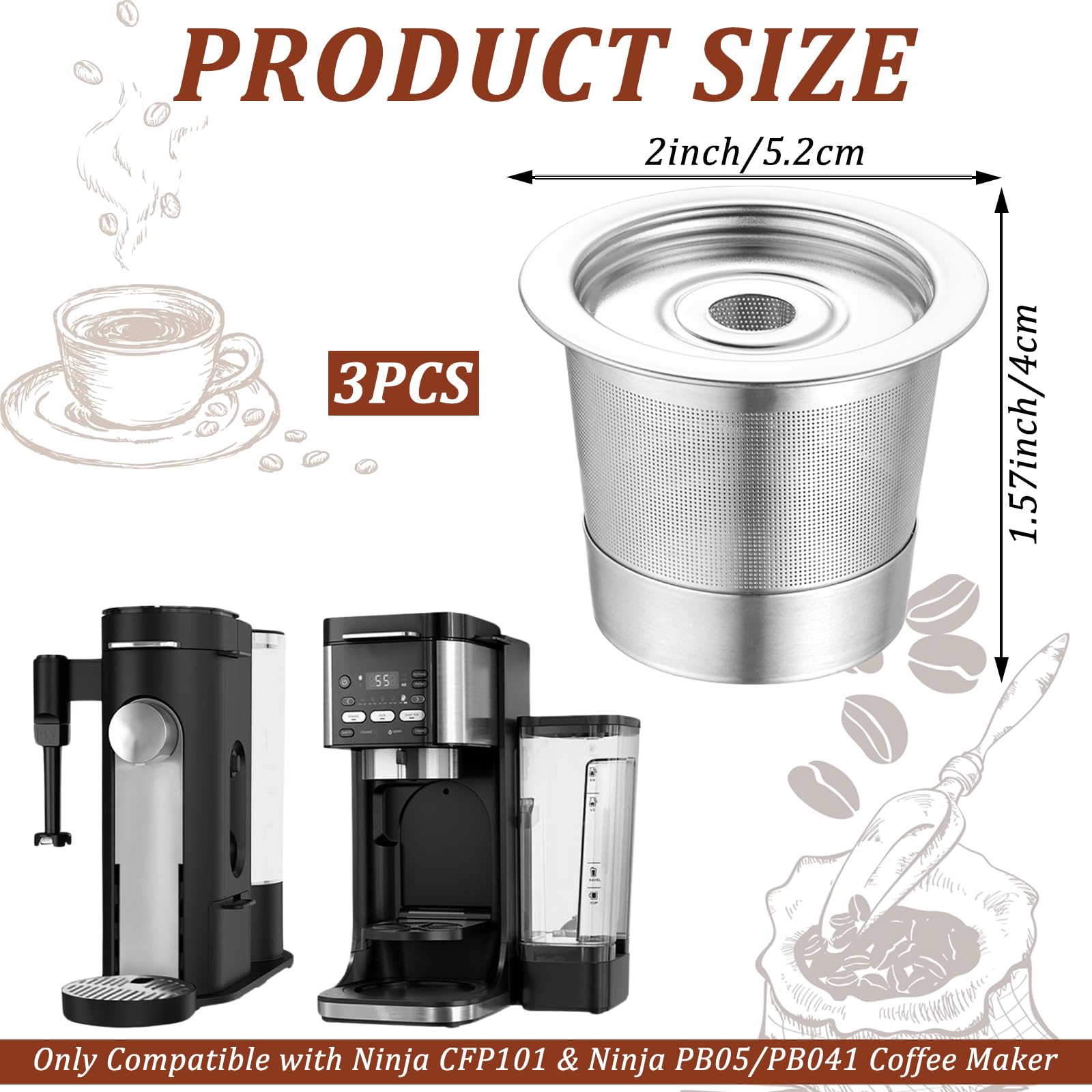 3 Pack Reusable K Cups and Coffee Pods for Ninja Coffee Maker PB051 & CFP101/PB041, 304 Stainless Steel Reusable K Pod Permanent K Cups Filters Compatible with Ninja Coffee Maker,Coffee Accessories