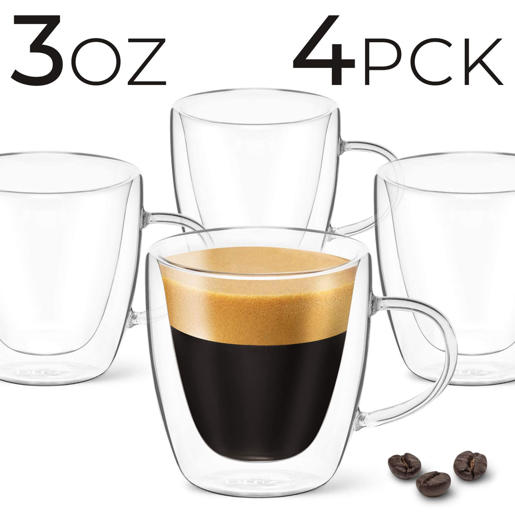 DLux Espresso Coffee Cups 80ml, Double Wall, Clear Glass Set of 4 3oz Glasses with Handles, Insulated Borosilicate Glassware Tea Cup