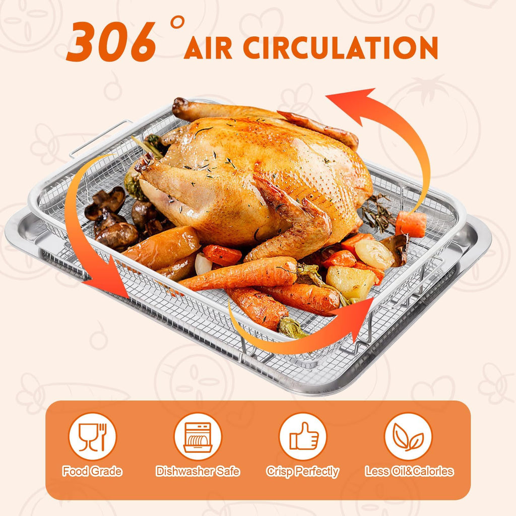 Krzaw Large Air Fryer Basket for Oven with 30 PCS Parchment Paper, Non-Stick Stainless Steel Crisper Tray and Pan Set for Baking Grilling Fries Bacon Chicken (15.6"X11.6")