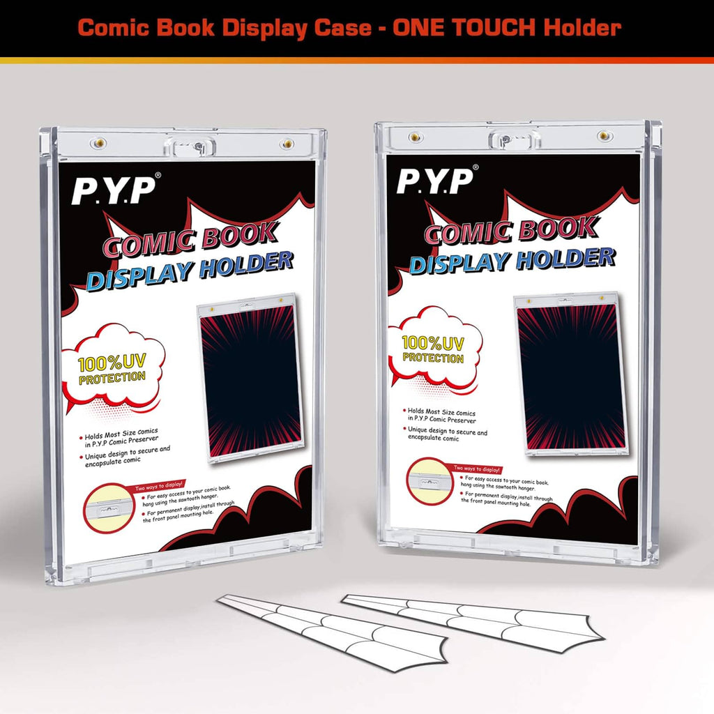 P.Y.P PROTECT YOU PLAY 2pcs Magnetic Comic Book Display Cabinets - Crystal Clear One Touch Strip Book Holder, UV Protection Comic Book Slab Protectors, Wall Mounted Frame, Fits Most