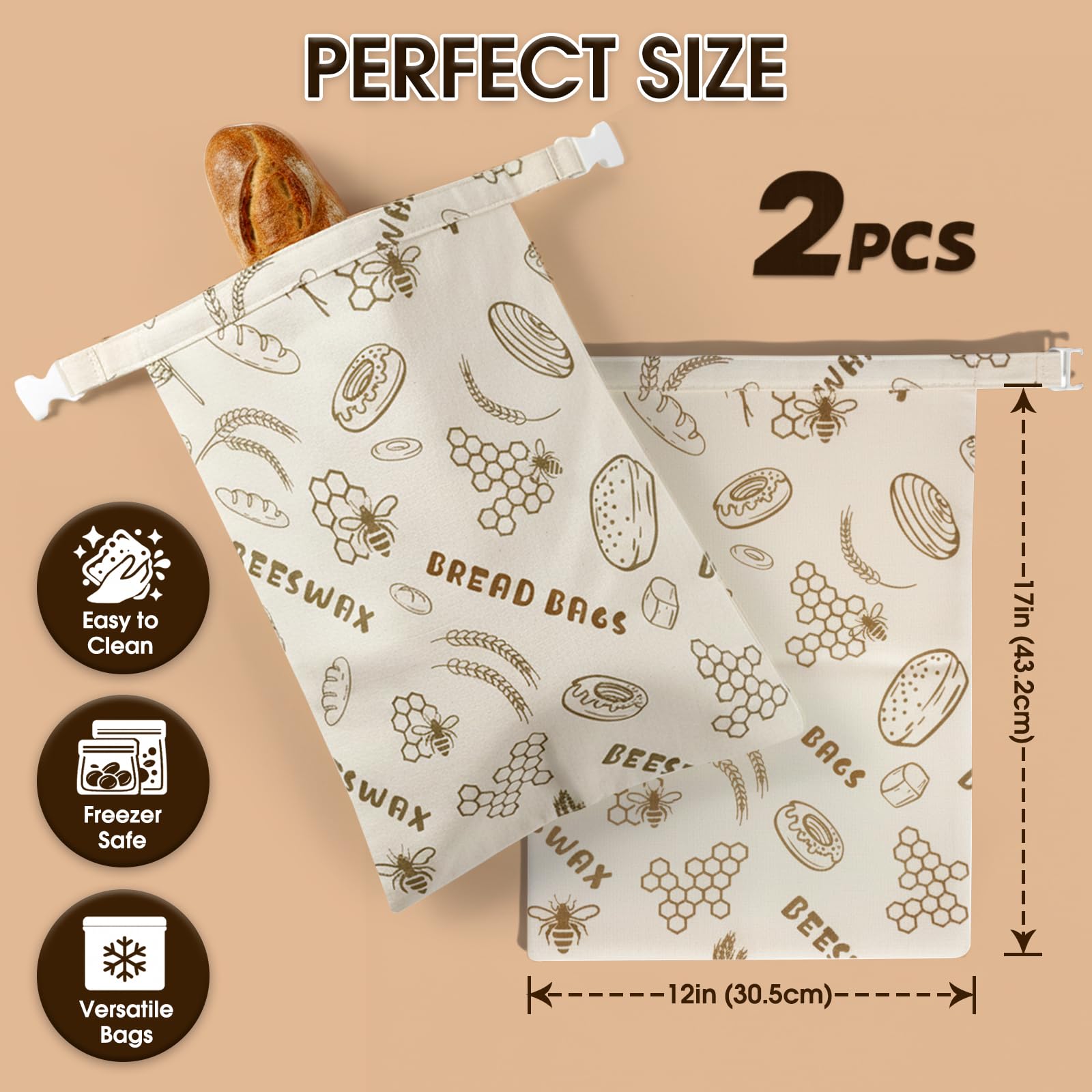 VrEnduuo 2 Pack Reusable Bread Bag, Beeswax Bread Bags for Homemade Sourdough Bread,Easy to Clean Cotton Food Storage Cloth Bag,Freezer-Friendly Keeps Fresh Longer XL 17"×12" (Honeycomb Design)