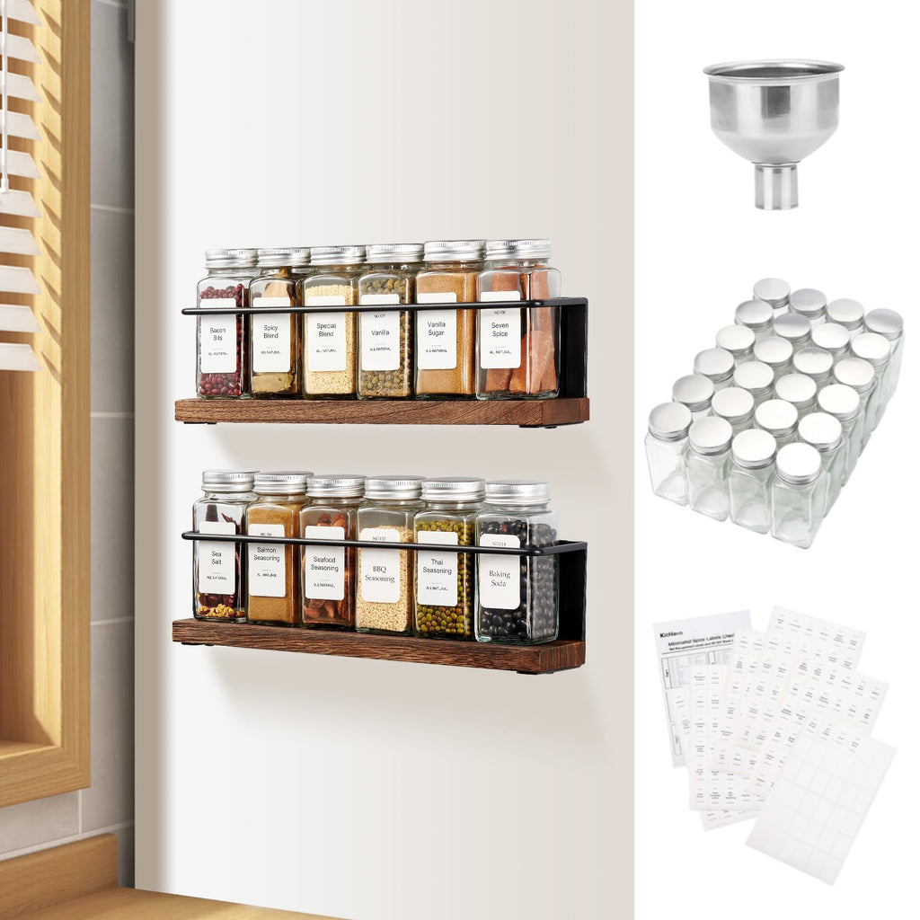 KitHero Magnetic Spice Rack Organizer with 12 Jars, 216 Labels, 1 Steel Funnel for Refrigerator，Microwave Oven - Full Set of Seasoning Organizer, Kitchen Gadgets