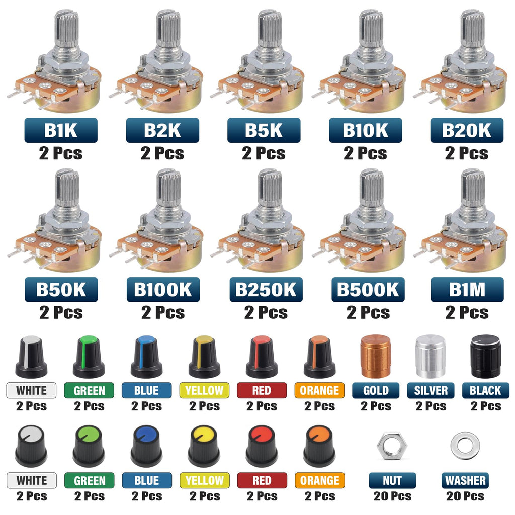 ALLECIN WH148 Potentiometer Kit 1K 2K 5K 10K 20K 50K 100K 250K 500K 1MK Ohm 15mm Shaft Single-Joint Linear Potentiometers 3Pins Set Variable Resistors with Plum Knob Cap and Aluminum Alloy Knobs