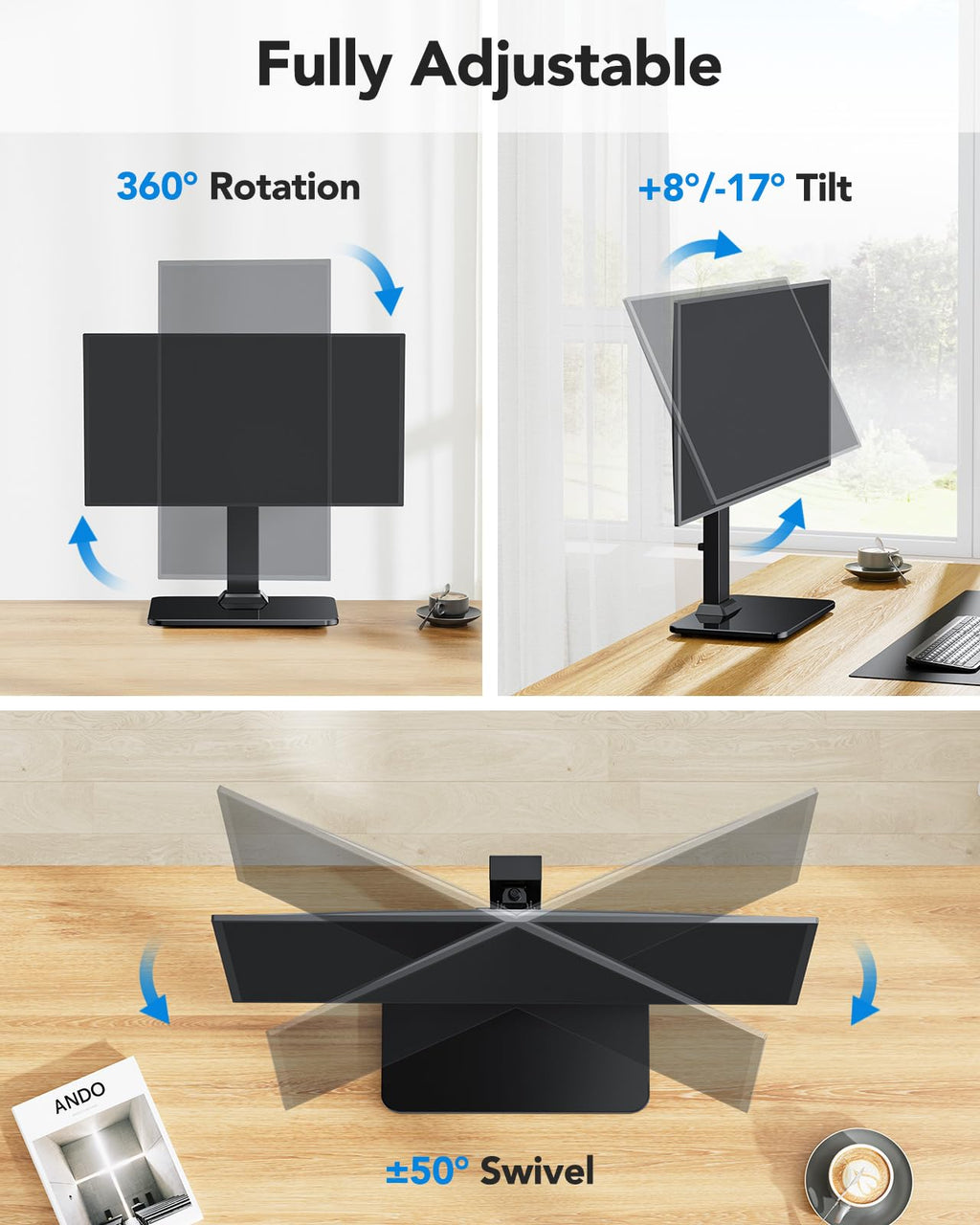 HUANUO Monitor Stand, Freestanding VESA Monitor Mount for 13″–34″ Screens up to 44 lbs, 5 Height Options, Swivel Desk Monitor Stand Riser with 360° Rotation, Tilt, 75x75mm/100x100mm VESA, HNTVS29