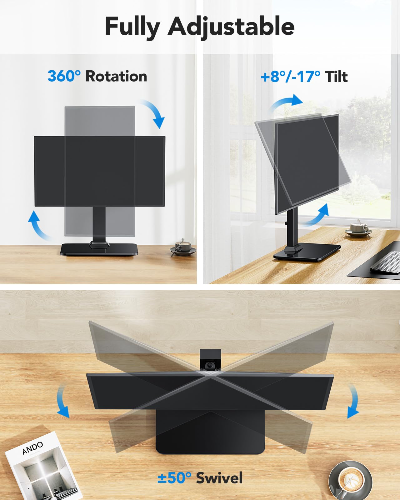 HUANUO Monitor Stand, Freestanding VESA Monitor Mount for 13″–34″ Screens up to 44 lbs, 5 Height Options, Swivel Desk Monitor Stand Riser with 360° Rotation, Tilt, 75x75mm/100x100mm VESA, HNTVS29