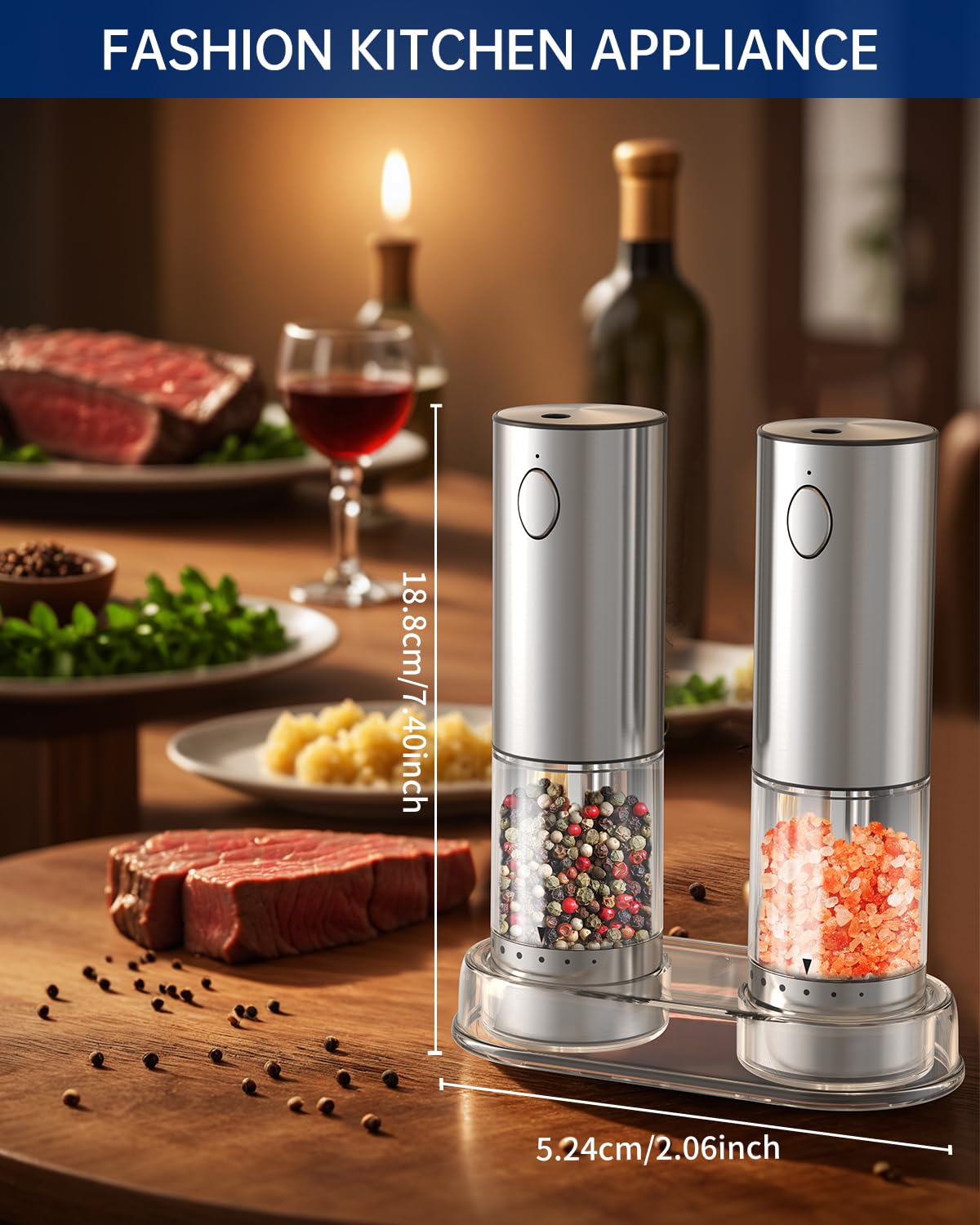 CIRCLE JOY Rechargeable Salt and Pepper Grinder Set with 6 Levels External Coarseness Adjustment, Stainless Steel Electric Salt Shaker and Dustproof Storage Base, 95ml Container, Led Light