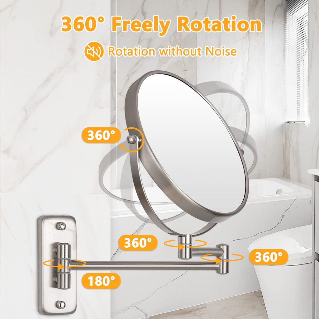 Wall Mounted Makeup Mirror - 1X/10X Magnifying Mirror Double Sided, 8 Inch Extendable Bathroom Mirror, Nickel Finish ALHAKIN