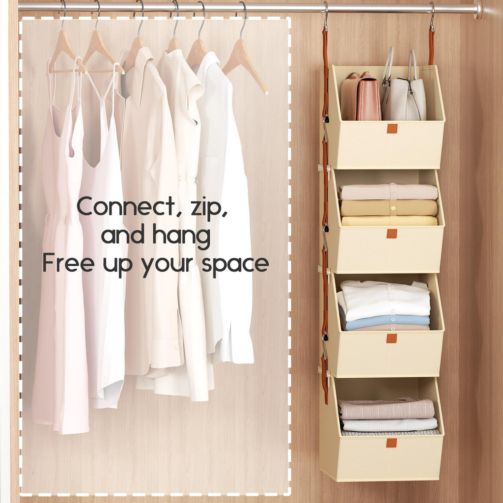 DIMJ Hanging Closet Organizer 4 Tier - Detachable Clothes Shelf Storage Modular Closet System, Fabric Storage Bins Bedroom Organization, Collapsible Baskets for Home, Dorm, Rv - Beige