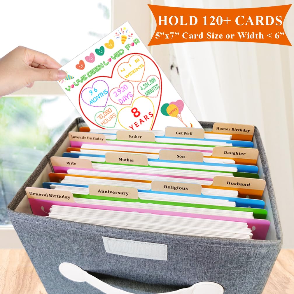 DOFFICE Greeting Cards Assortment Box, Greeting Card Organizer Box with 16 Pieces Colorful Dividers, Storing 120+ Cards with 84 Pieces Self Stick Labels (Grey)