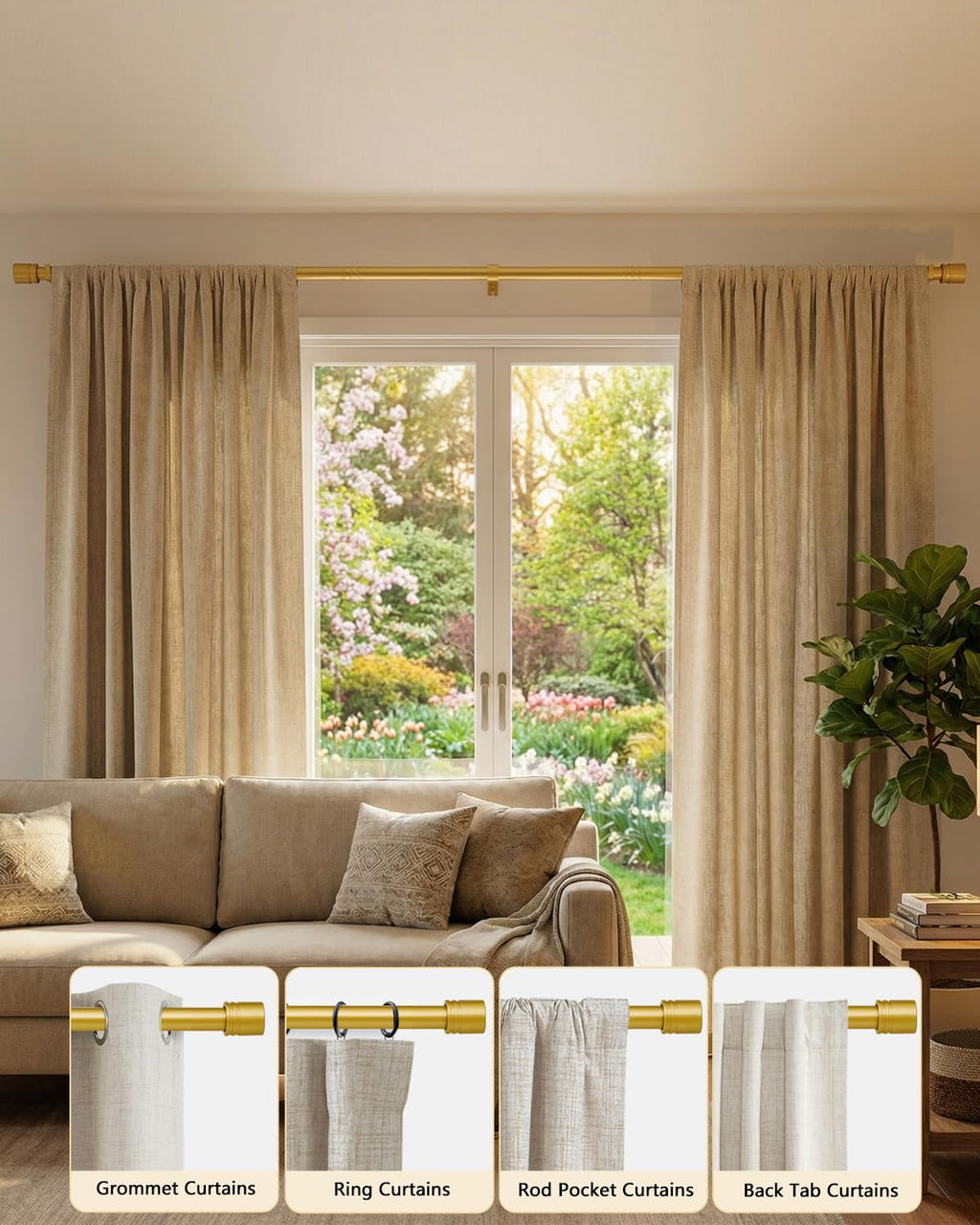 ASULUPHY Gold Curtain Rod, 1 Inch Diameter Heavy Duty Curtain Rods for Window 48-84 in, Long Curtain pole with Thicker Brackets, AdjustableCurtain Rod for Sliding Doors, Living Room, Bedroom, Patio