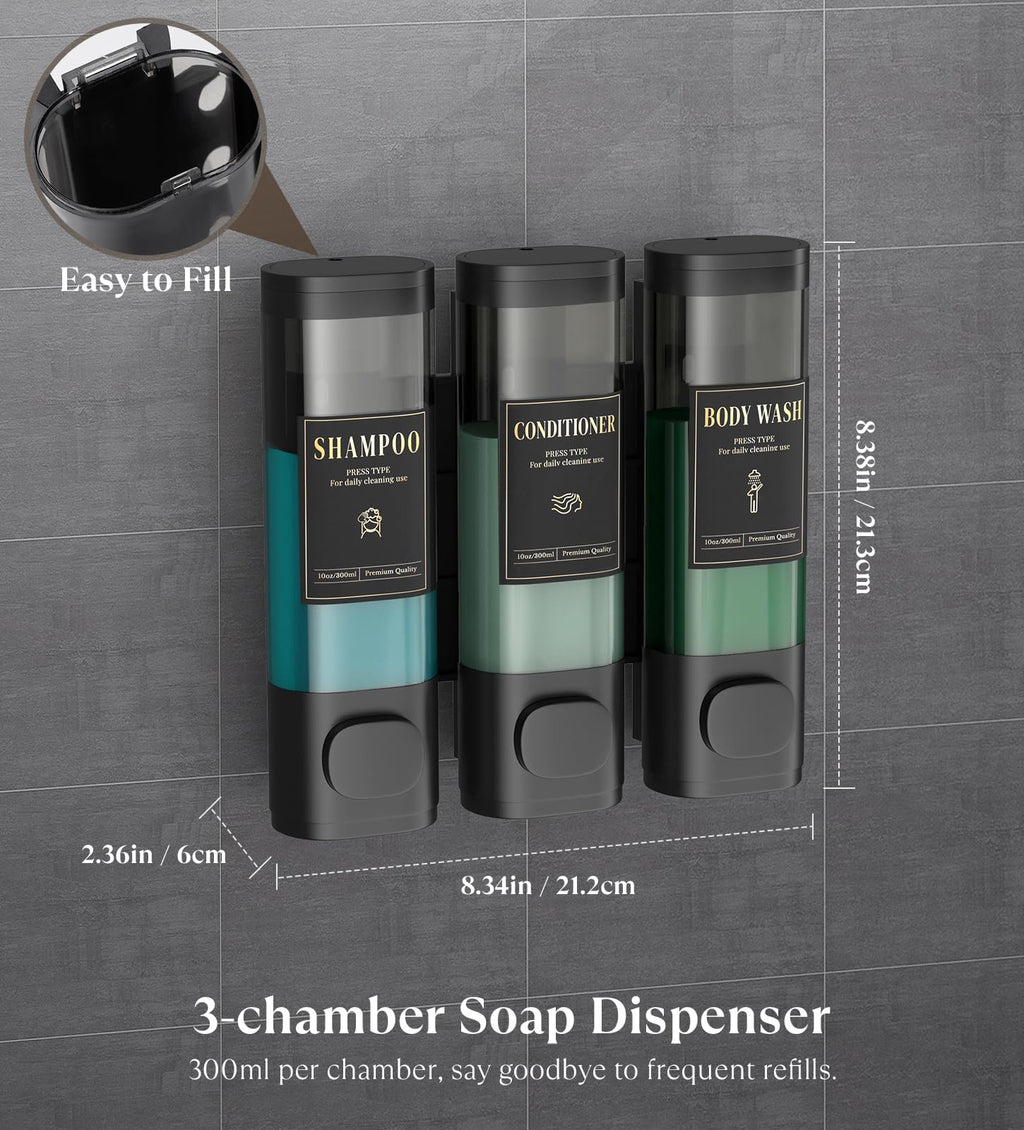 Luxspire Shampoo and Conditioner Dispenser, No Drill Wall Mounted Shower Soap Dispenser 3 Chamber with Waterproof Labels, Easy Refill Soap Dispenser for Bathroom Hotel Kitchen, Black