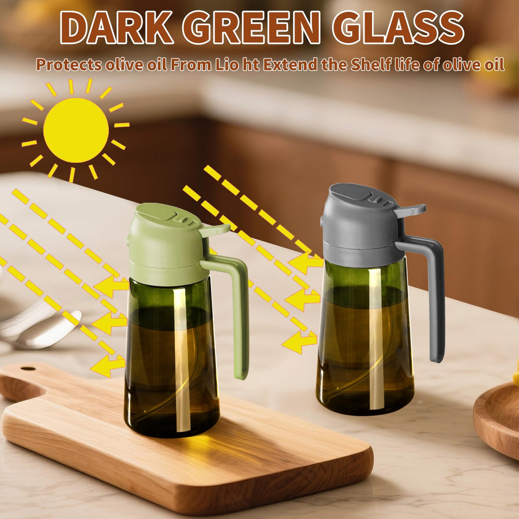 SWEET VIEW 2PCS Olive Oil Dispenser and Oil Sprayer – 16oz/470ml Glass Light-Proof Oil Pourer for Kitchen with Stickers for Air Fryer, Cooking, Salad, and BBQ