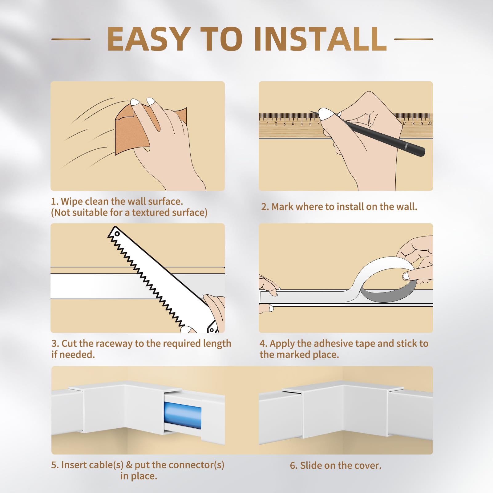 One-Cord Channel Cord Hider Wall, Delamu 142in Cable Cover, Cable Concealer Raceway, Cable Hider, Paintable Wire Covers for Wall Mounted TV, Cable Management System, 9xL15.7 W0.59 H0.4in, CC03 White