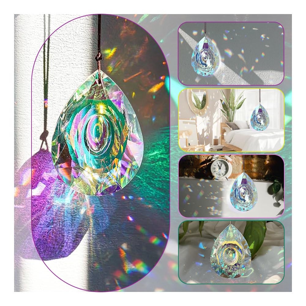 4pcs Hanging Crystals Suncatcher Prism 80mm Window Hanging Sun Catchers AB Colored Coating Rainbow Maker Glass Prisms Pendant with Chain (Rainbow)