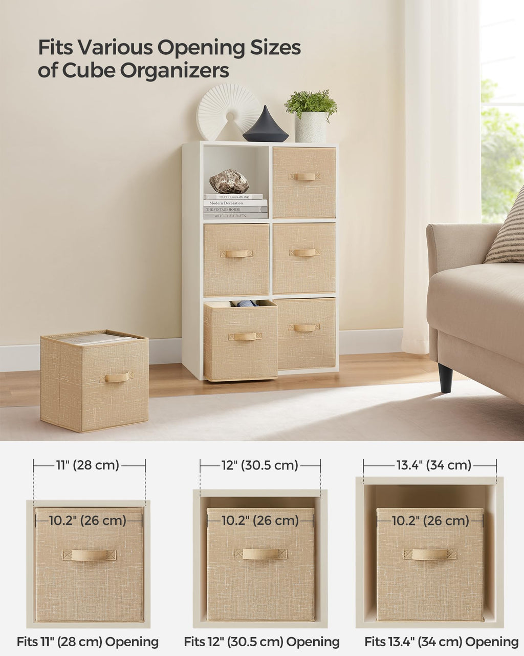 SONGMICS Storage Cubes, 28 cm Non-Woven Fabric Bins with Double Handles, Set of 6, Closet Organizers for Shelves, Foldable, for Clothes, Sand Beige UROB026K03
