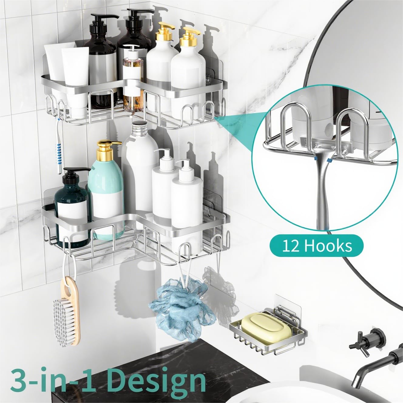 MOFOROCO 3-Pack Shower Caddy Corner Basket Shelf with Soap Holder, No Drilling Traceless Adhesive Shower Wall Shelves, Rustproof Black Bathroom Shower Storage Organizer