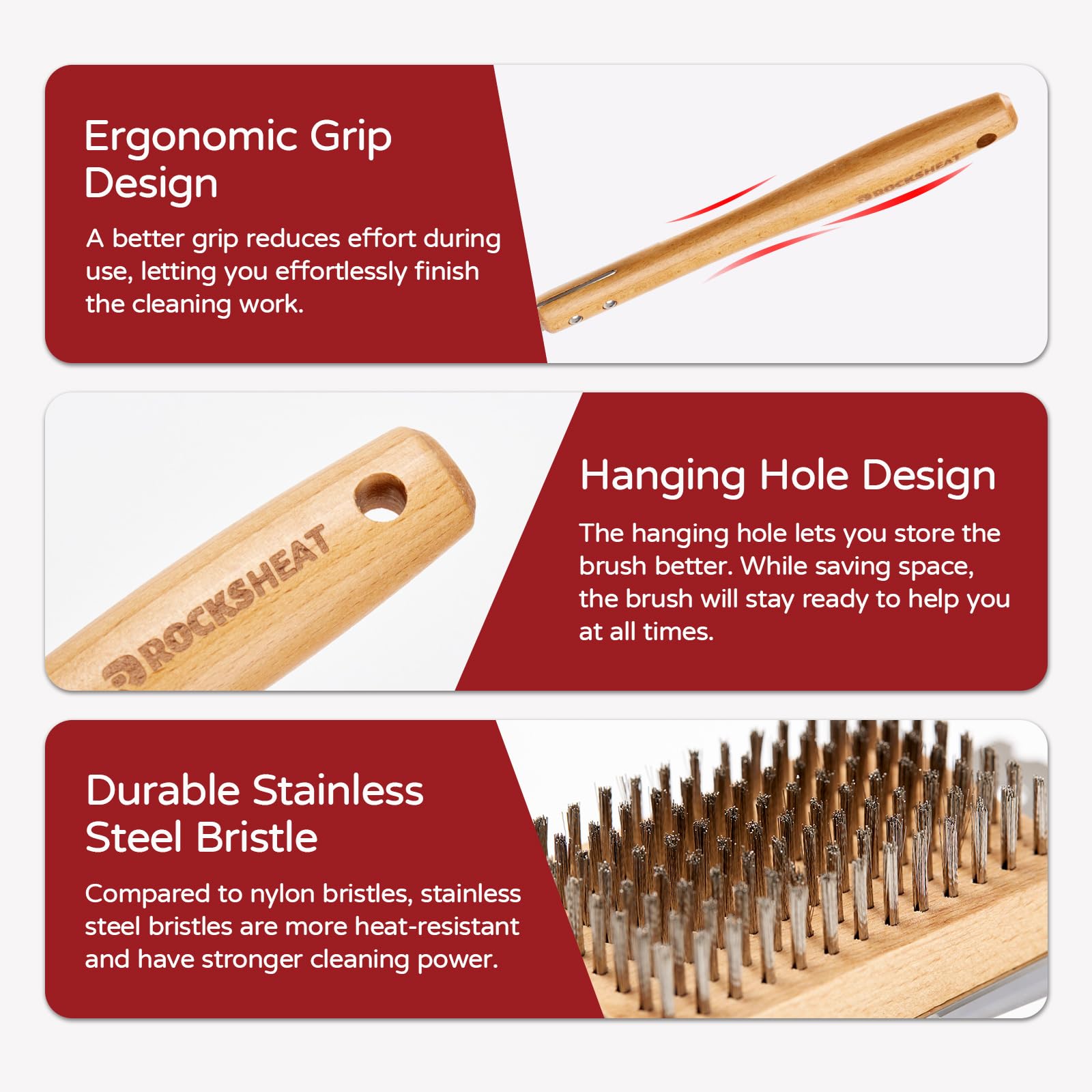 ROCKSHEAT Grill Brush and Scraper, 16.9" Grill Cleaning Brush with Heat Resistant Stainless Steel Bristles & Comfortable Wood Handle, BBQ Grill Brush for Outdoor Grill, BBQ Accessories Gift for Men