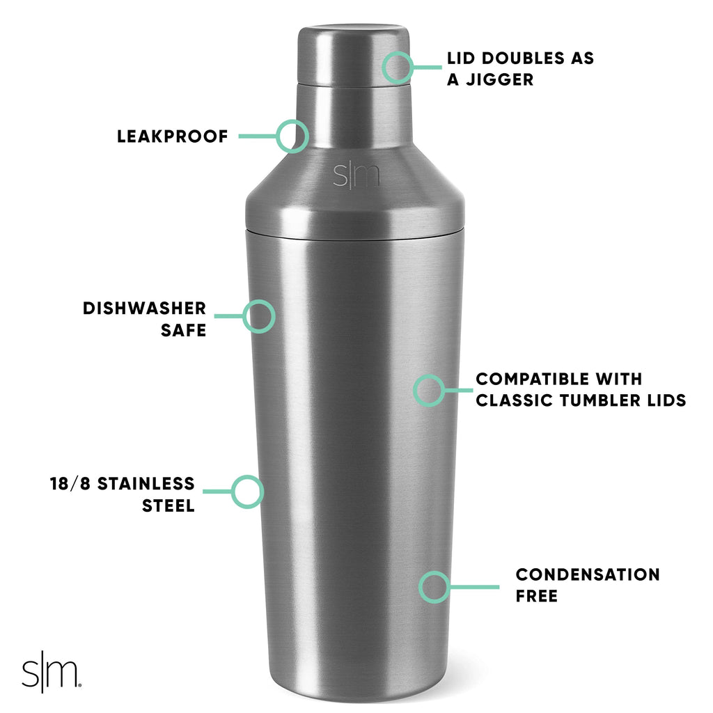 Simple Modern Cocktail Shaker for Bar with Jigger Lid | Stainless Steel Gifts for Women & Men | Classic Cocktail Shaker | 20oz | Simple Stainless