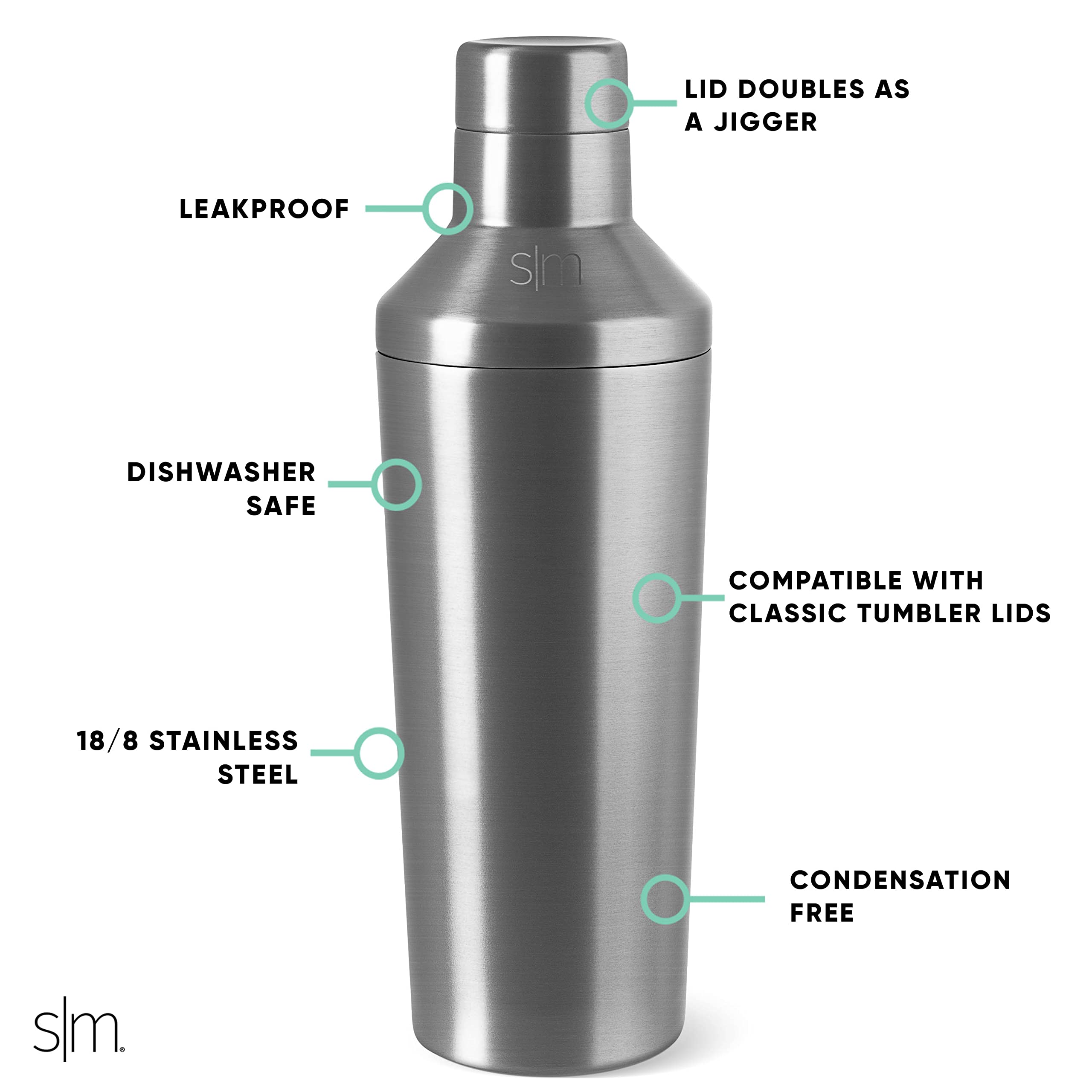 Simple Modern Cocktail Shaker for Bar with Jigger Lid | Stainless Steel Gifts for Women & Men | Classic Cocktail Shaker | 20oz | Simple Stainless